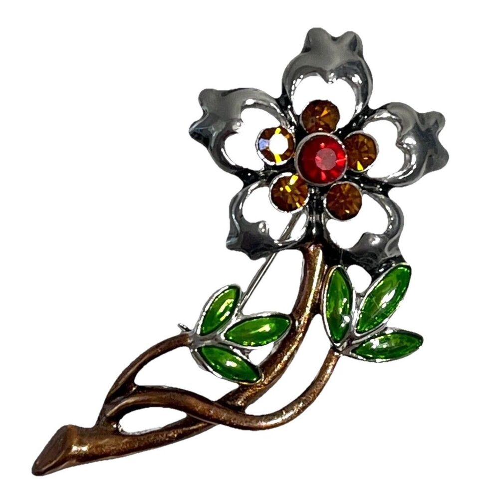 Enamel Rhinestone Flower Stem Pin Brooch Retro Floral Botanical Nature Jewelry